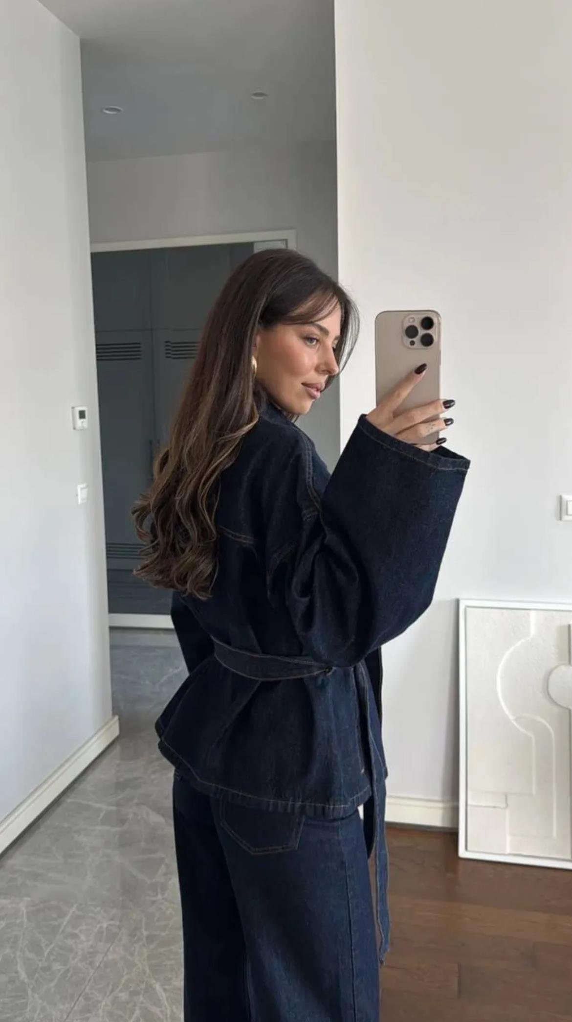 Lacivert Kuşaklı Denim Takım