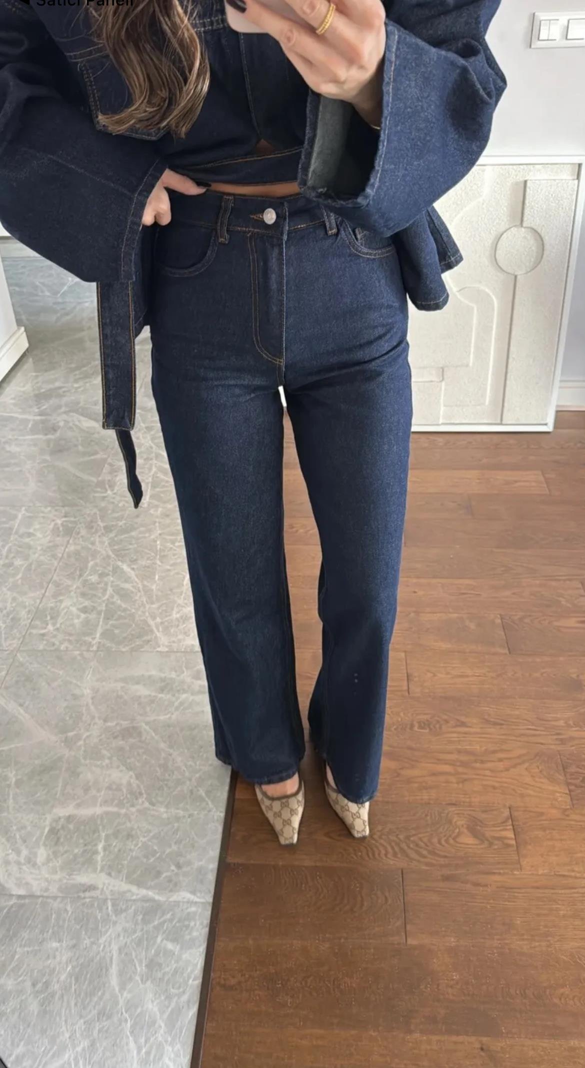 Lacivert Kuşaklı Denim Takım
