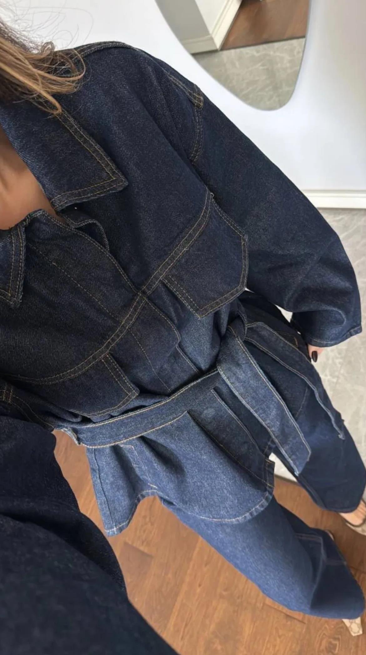 Lacivert Kuşaklı Denim Takım