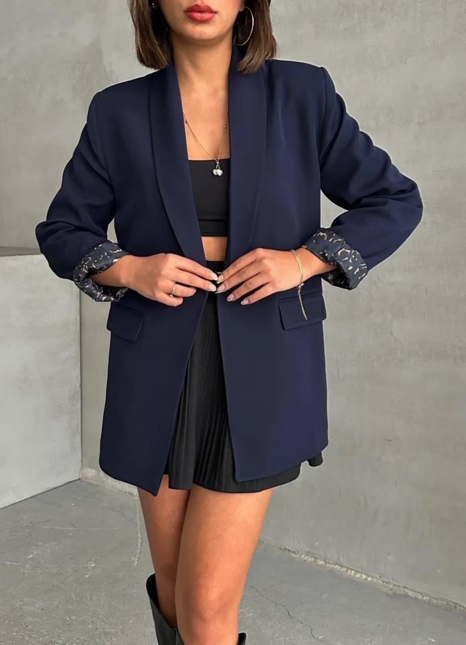 Lacivert Leopar Astarlı Blazer Ceket