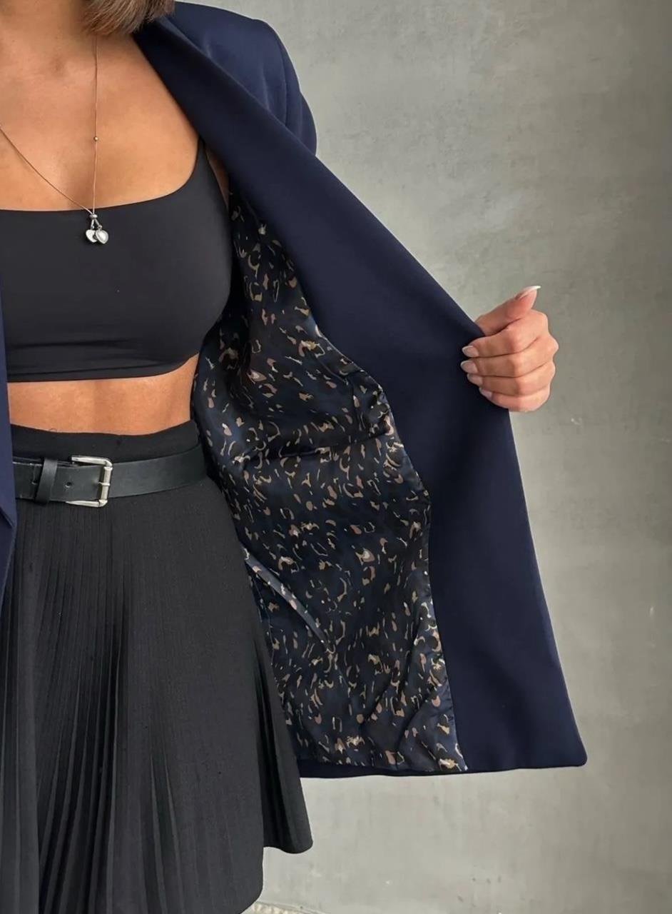 Lacivert Leopar Astarlı Blazer Ceket