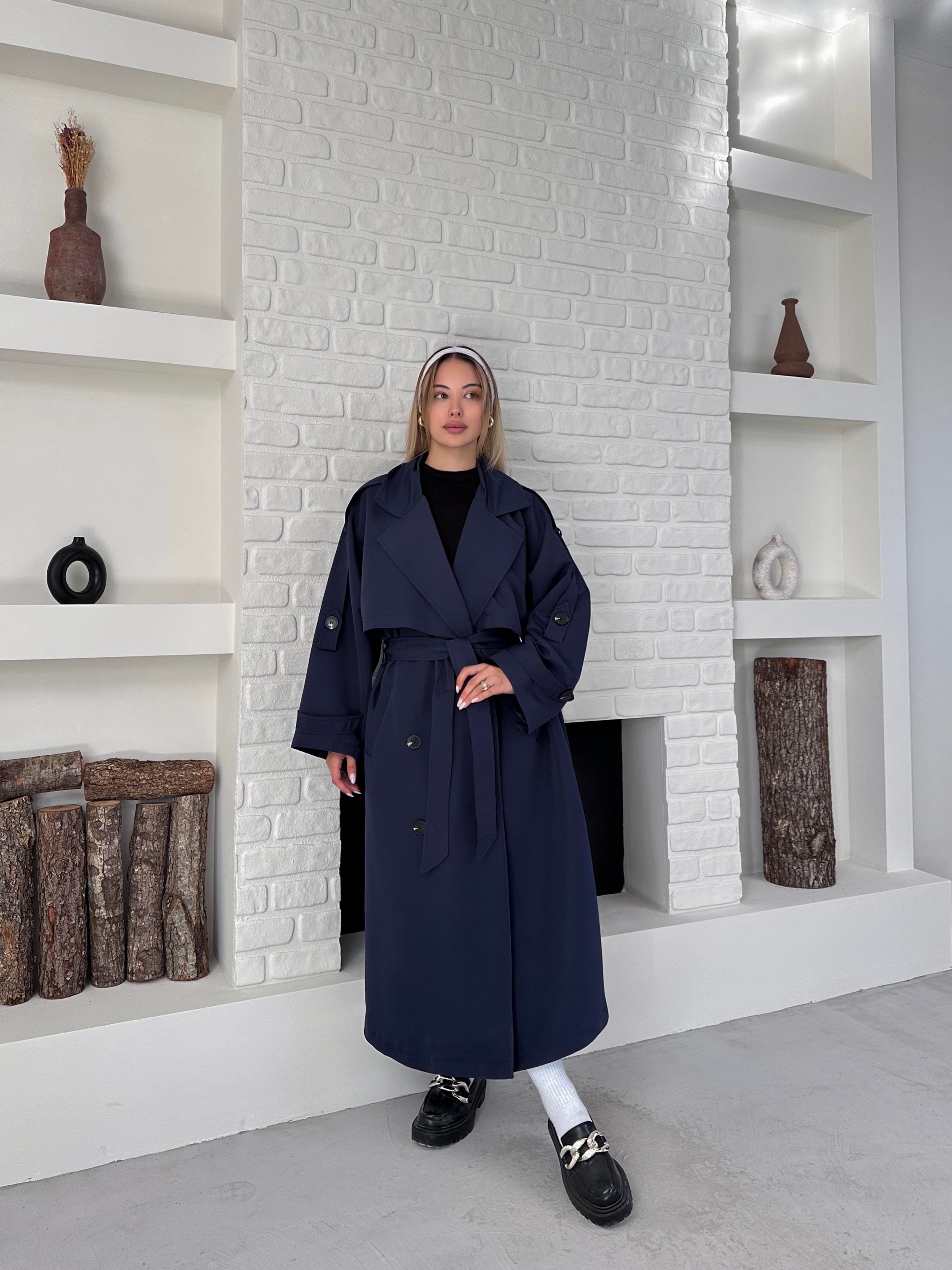 Lacivert Pelerinli Düğmeli Uzun Trençkot