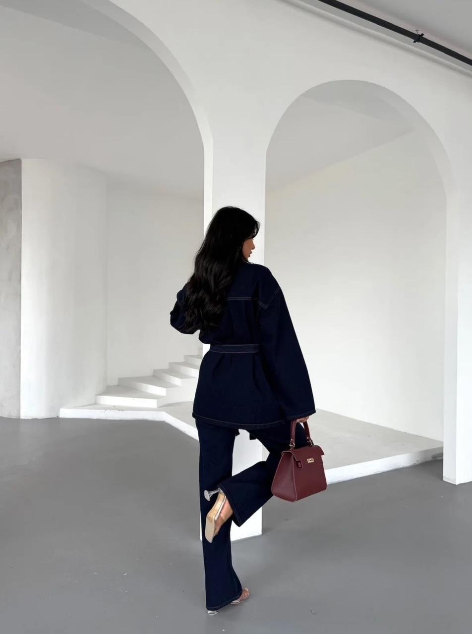 Lacivert Yıkamalı Kuşaklı Denim Takım