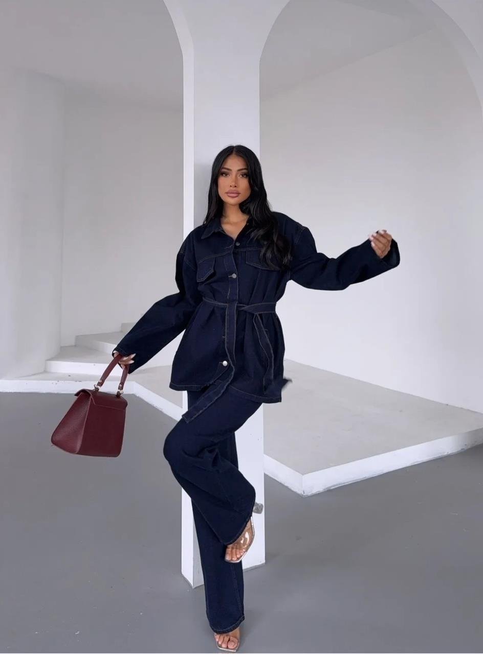 Lacivert Yıkamalı Kuşaklı Denim Takım