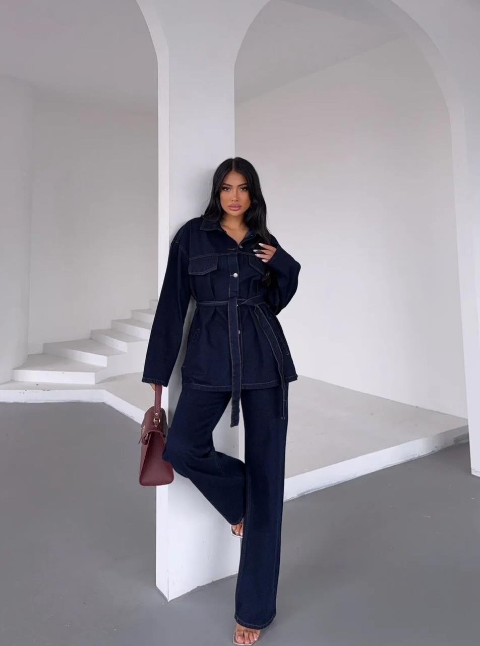 Lacivert Yıkamalı Kuşaklı Denim Takım
