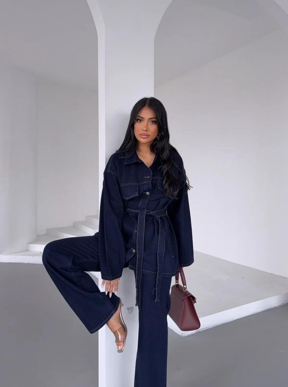 Lacivert Yıkamalı Kuşaklı Denim Takım