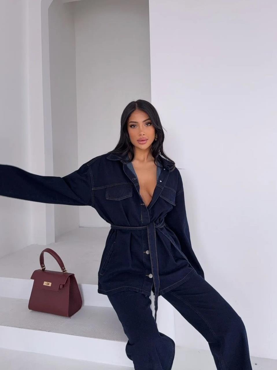 Lacivert Yıkamalı Kuşaklı Denim Takım