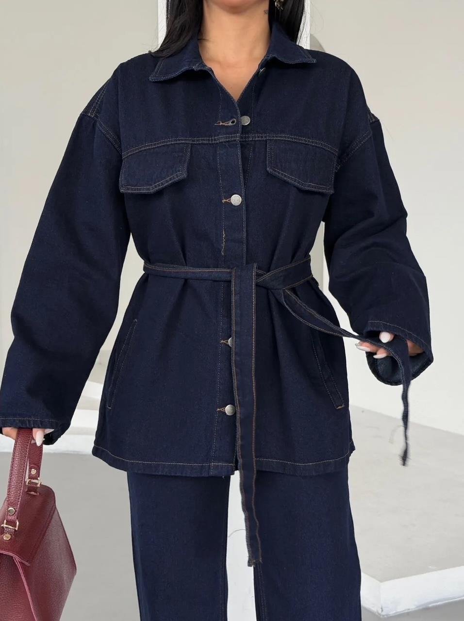 Lacivert Yıkamalı Kuşaklı Denim Takım