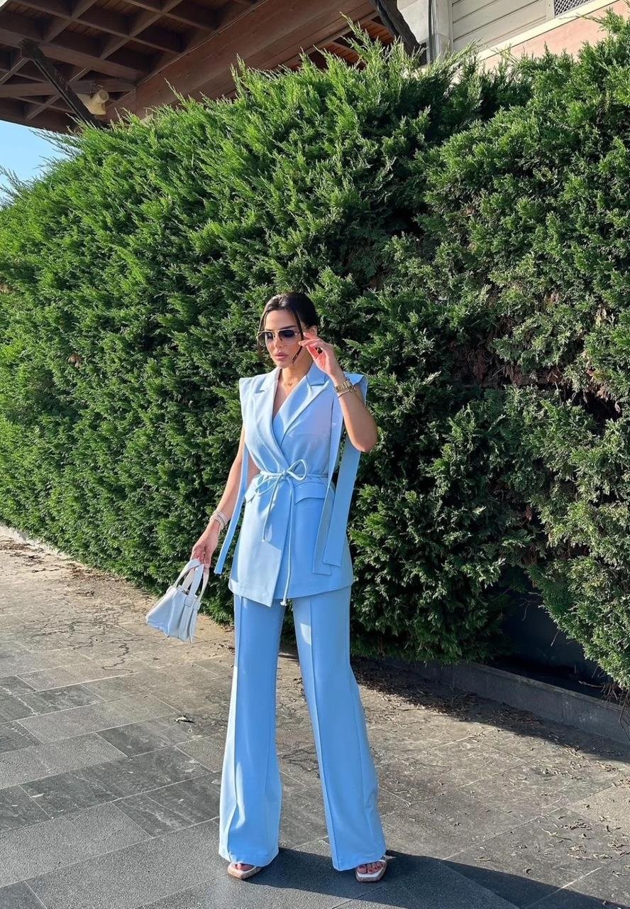 Mavi Bağlamalı Yelek Pantolon Blazer Takım