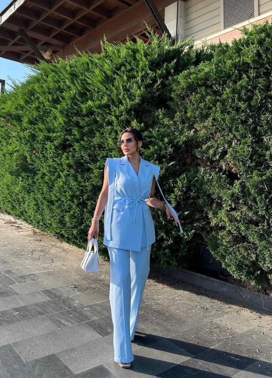 Mavi Bağlamalı Yelek Pantolon Blazer Takım