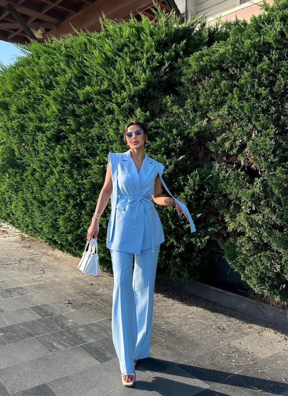 Mavi Bağlamalı Yelek Pantolon Blazer Takım