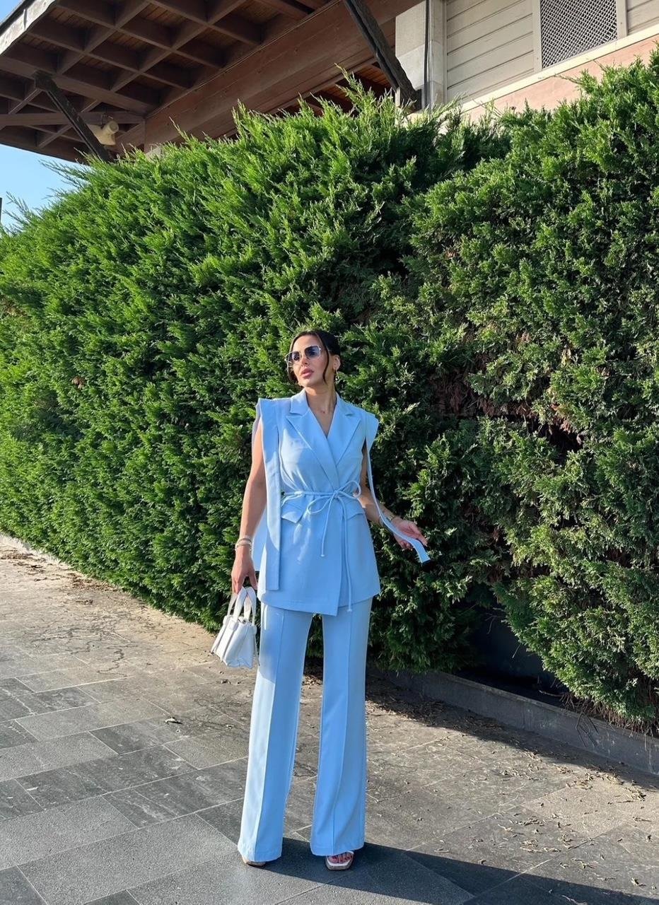 Mavi Bağlamalı Yelek Pantolon Blazer Takım