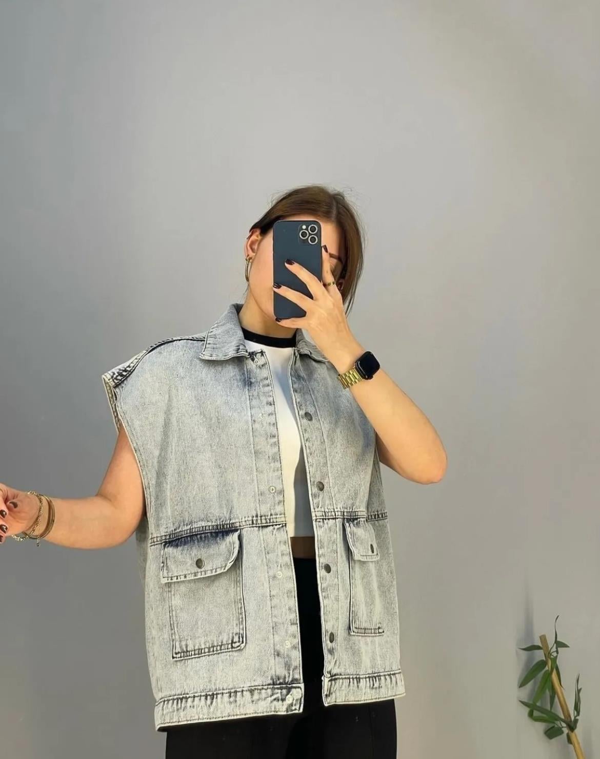Mavi Büyük Cepli Denim Yelek