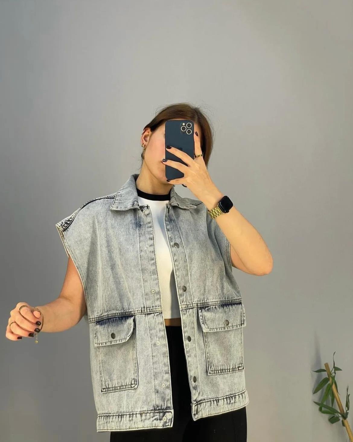 Mavi Büyük Cepli Denim Yelek