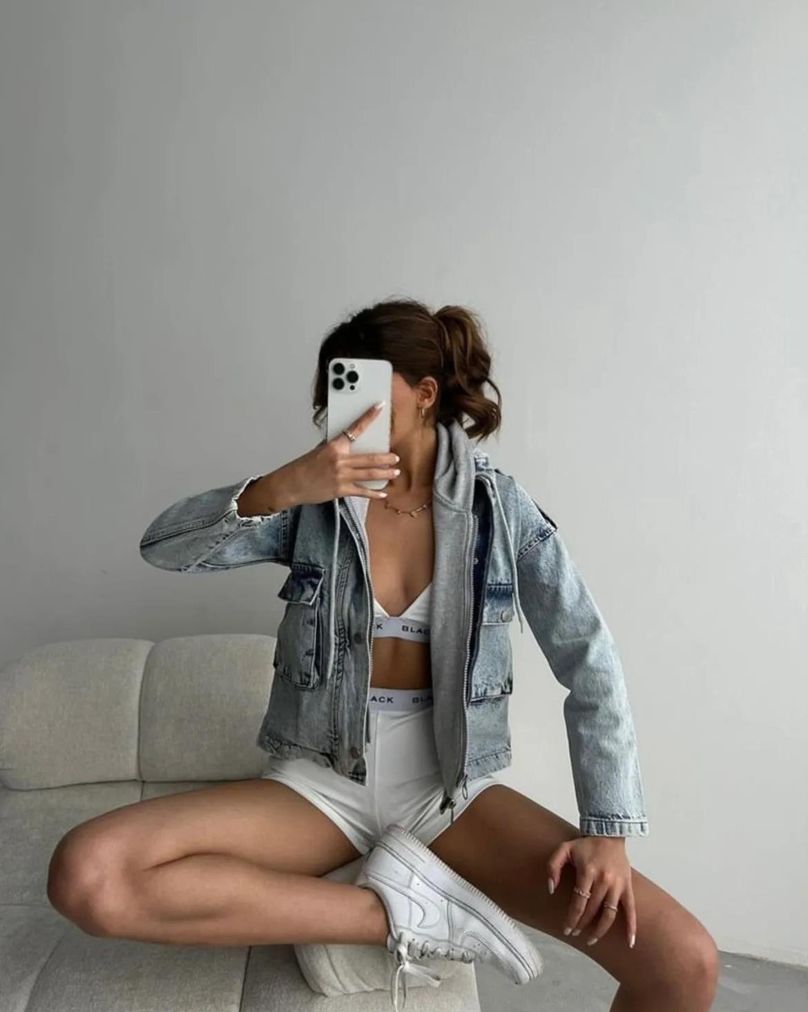 Mavi Gri Kapüşonlu Denim Ceket