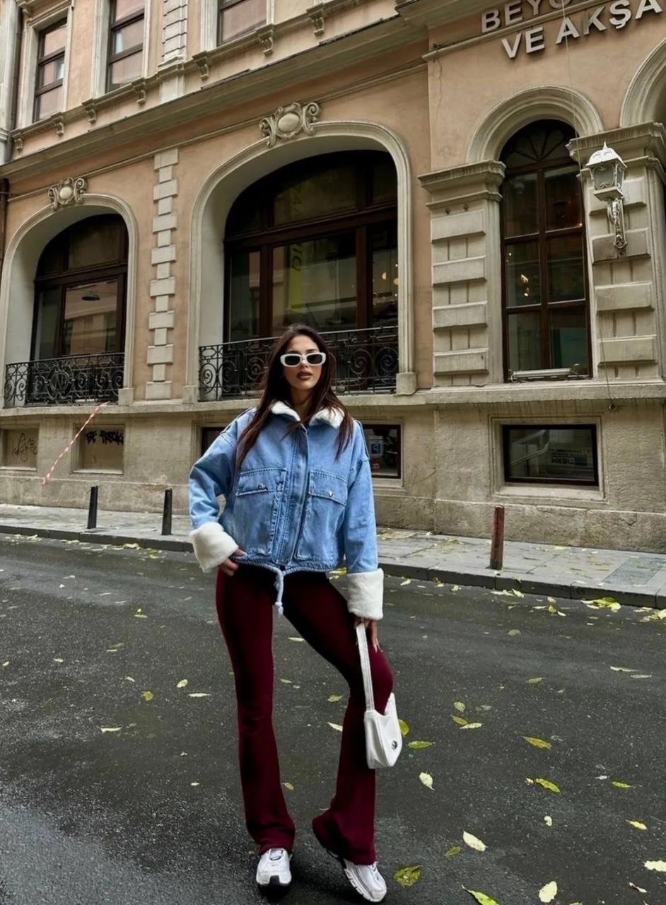 Mavi İçi Peluş Denim Mont