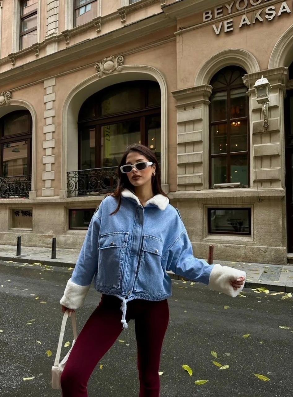 Mavi İçi Peluş Denim Mont