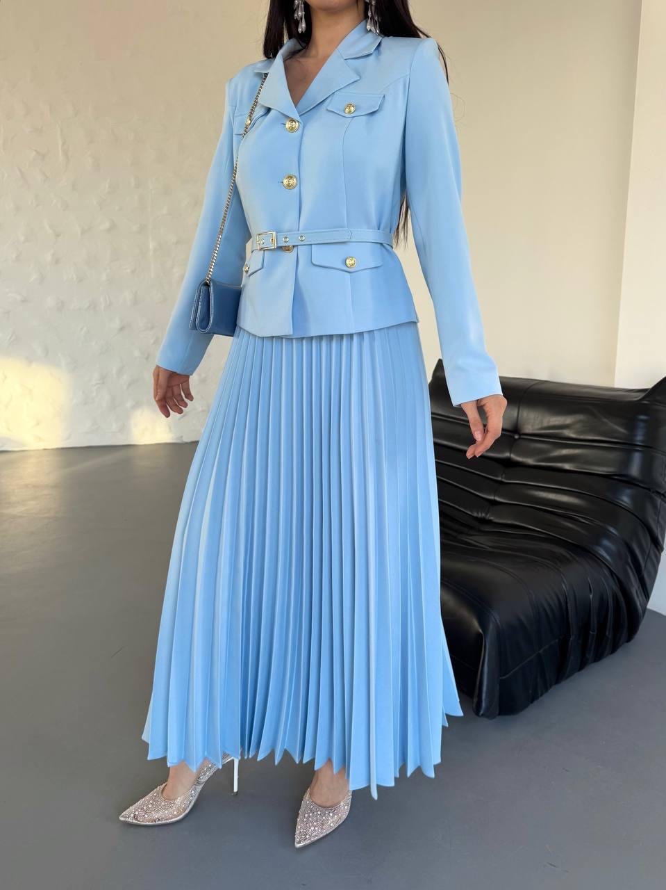 Mavi Kemerli Pilise Etekli Blazer Takım