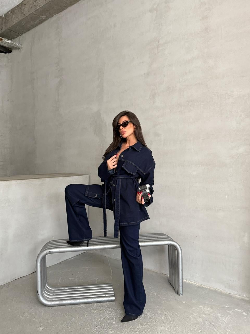 Mavi Kuşaklı Denim Takım 