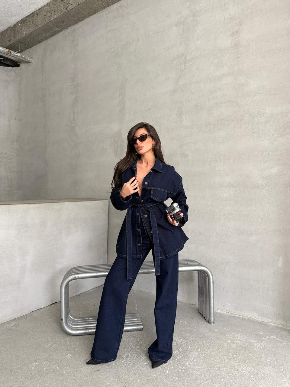 Mavi Kuşaklı Denim Takım 