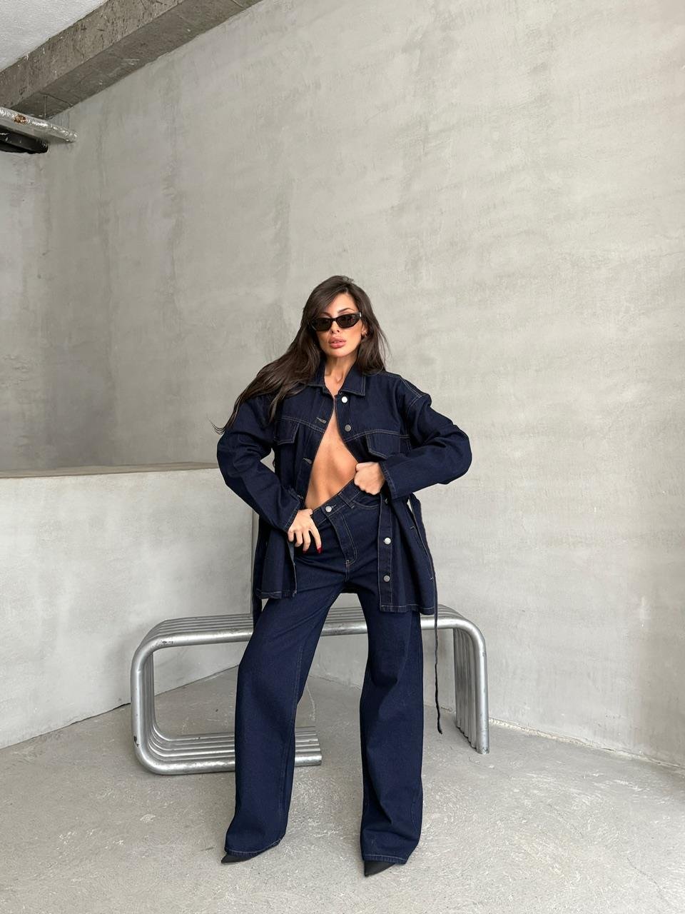 Mavi Kuşaklı Denim Takım 