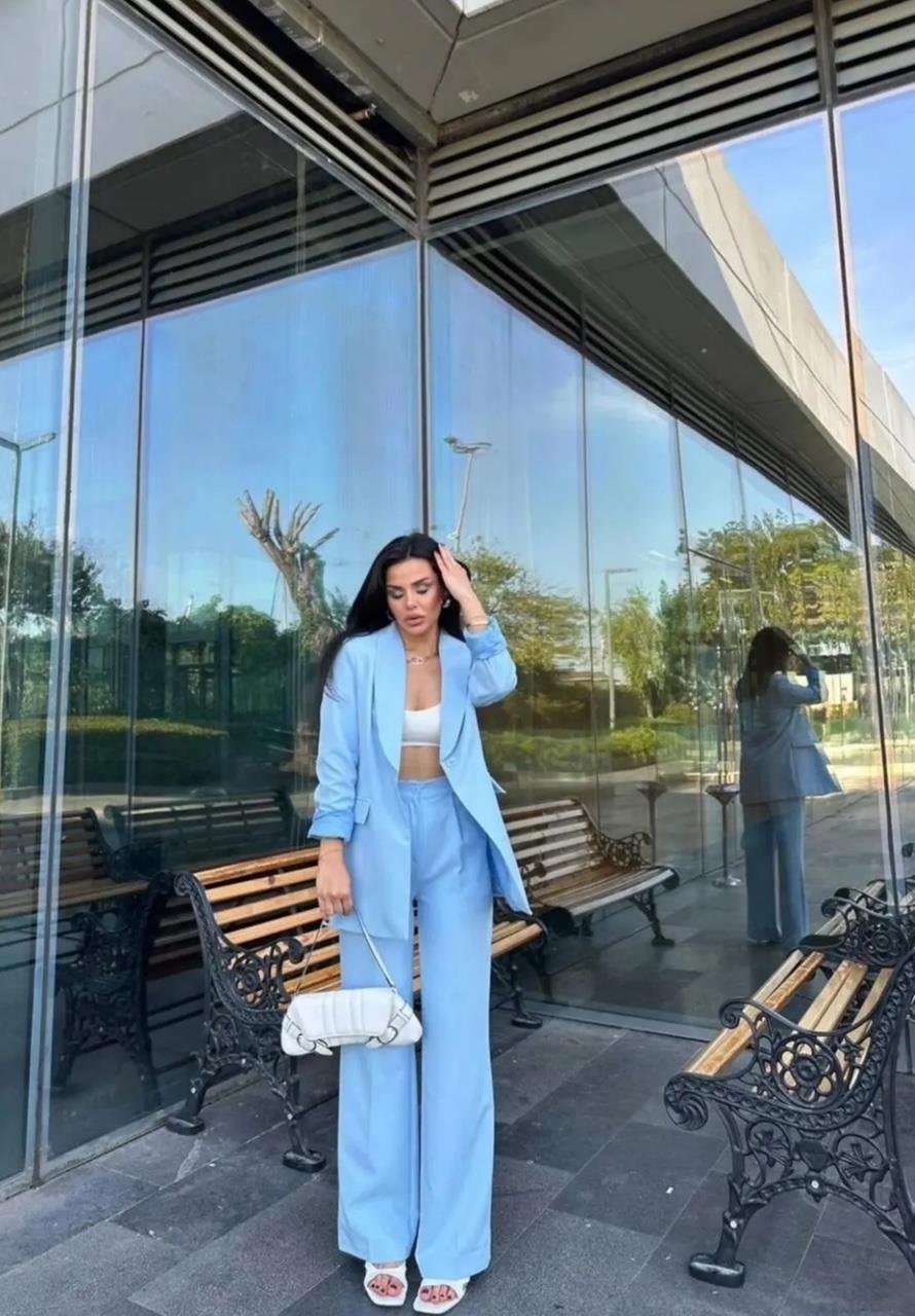 Mavi Tek Düğmeli Klasik Blazer Takım