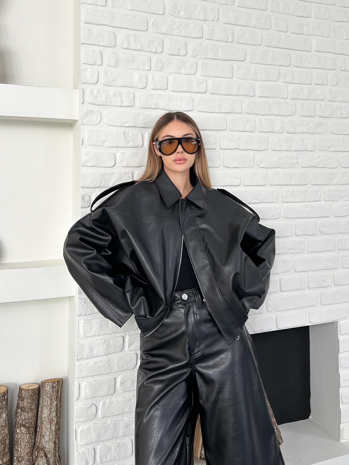 Oversize Patlı Fermuarlı Bomber Deri Ceket