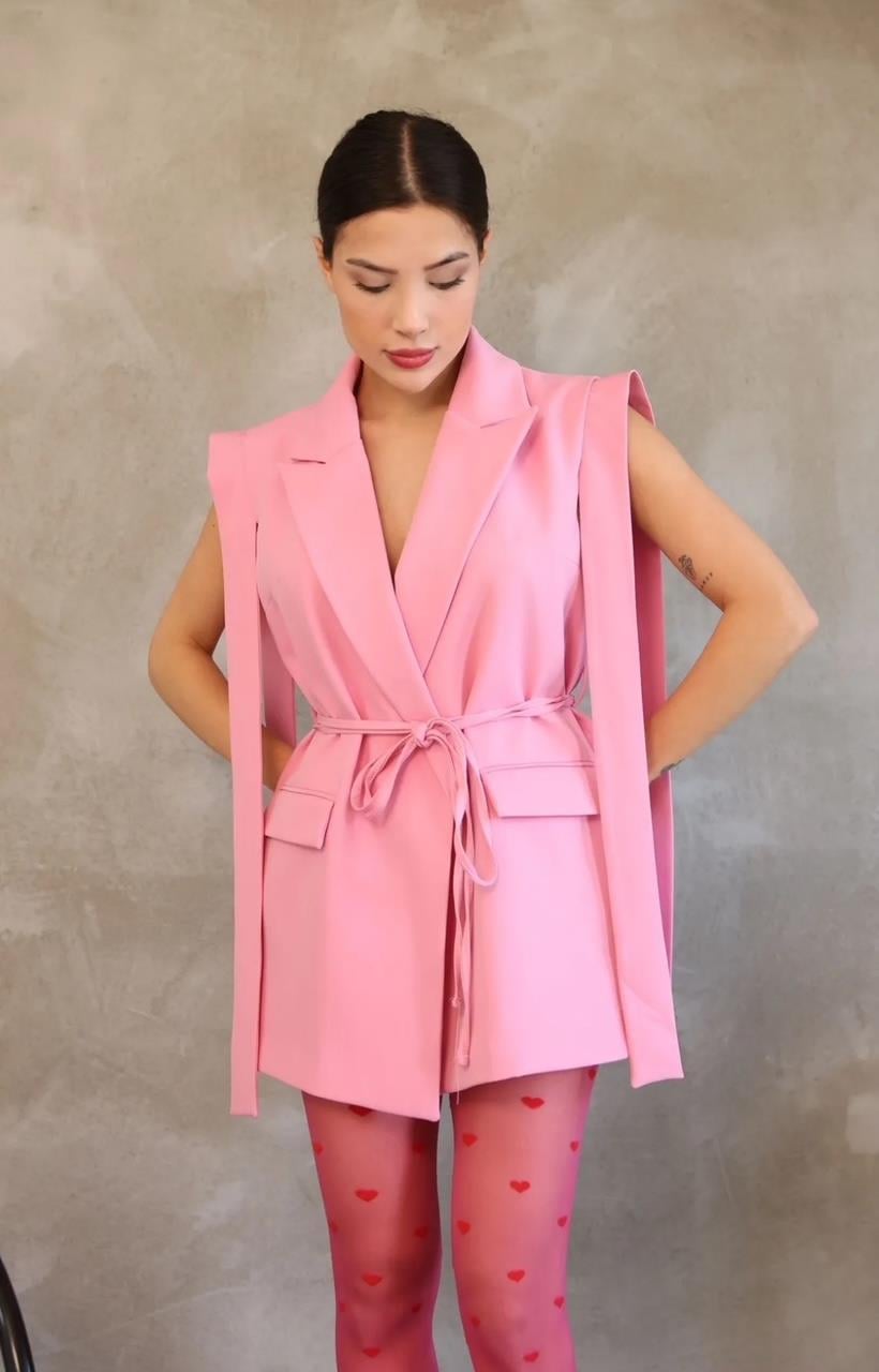 Pembe Bağlamalı Blazer Yelek