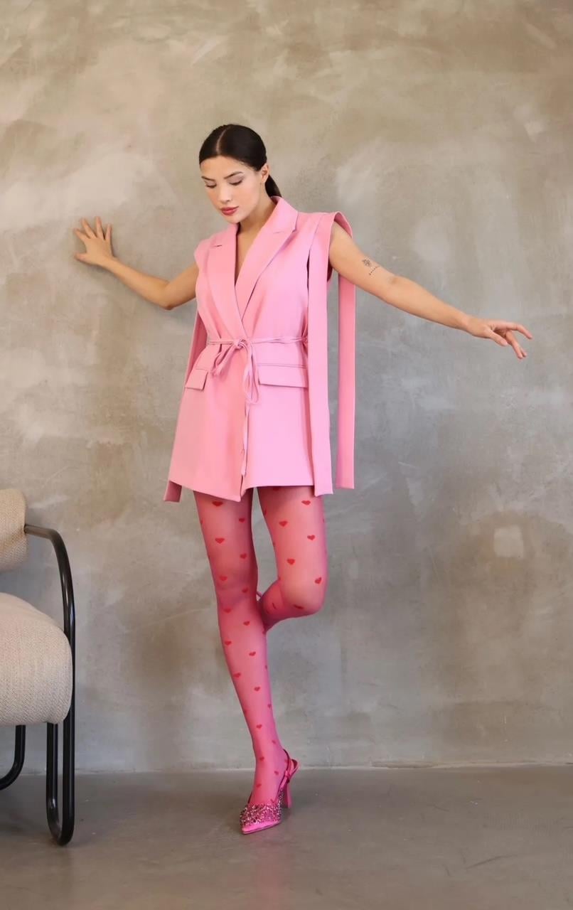 Pembe Bağlamalı Blazer Yelek