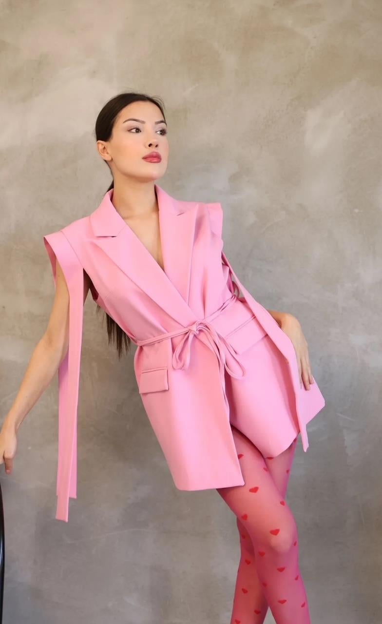 Pembe Bağlamalı Blazer Yelek