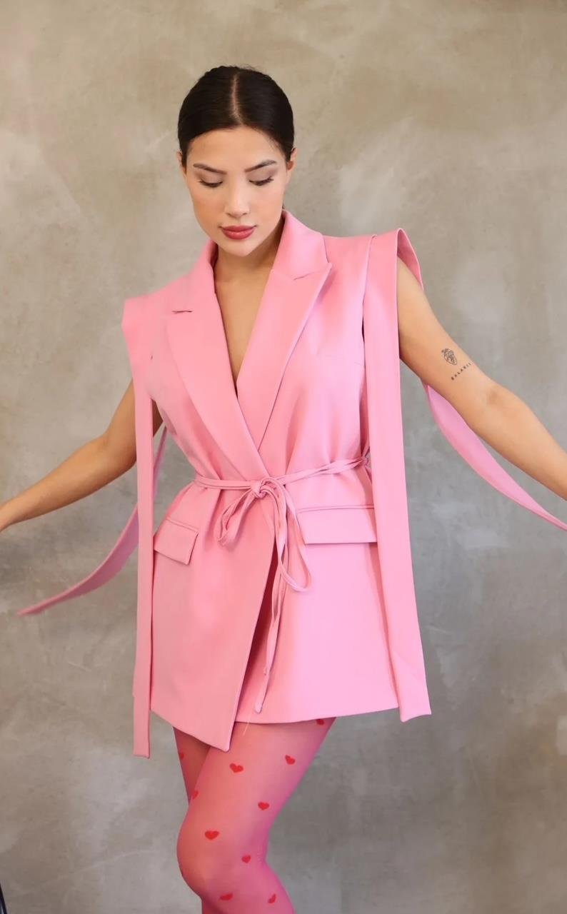 Pembe Bağlamalı Blazer Yelek