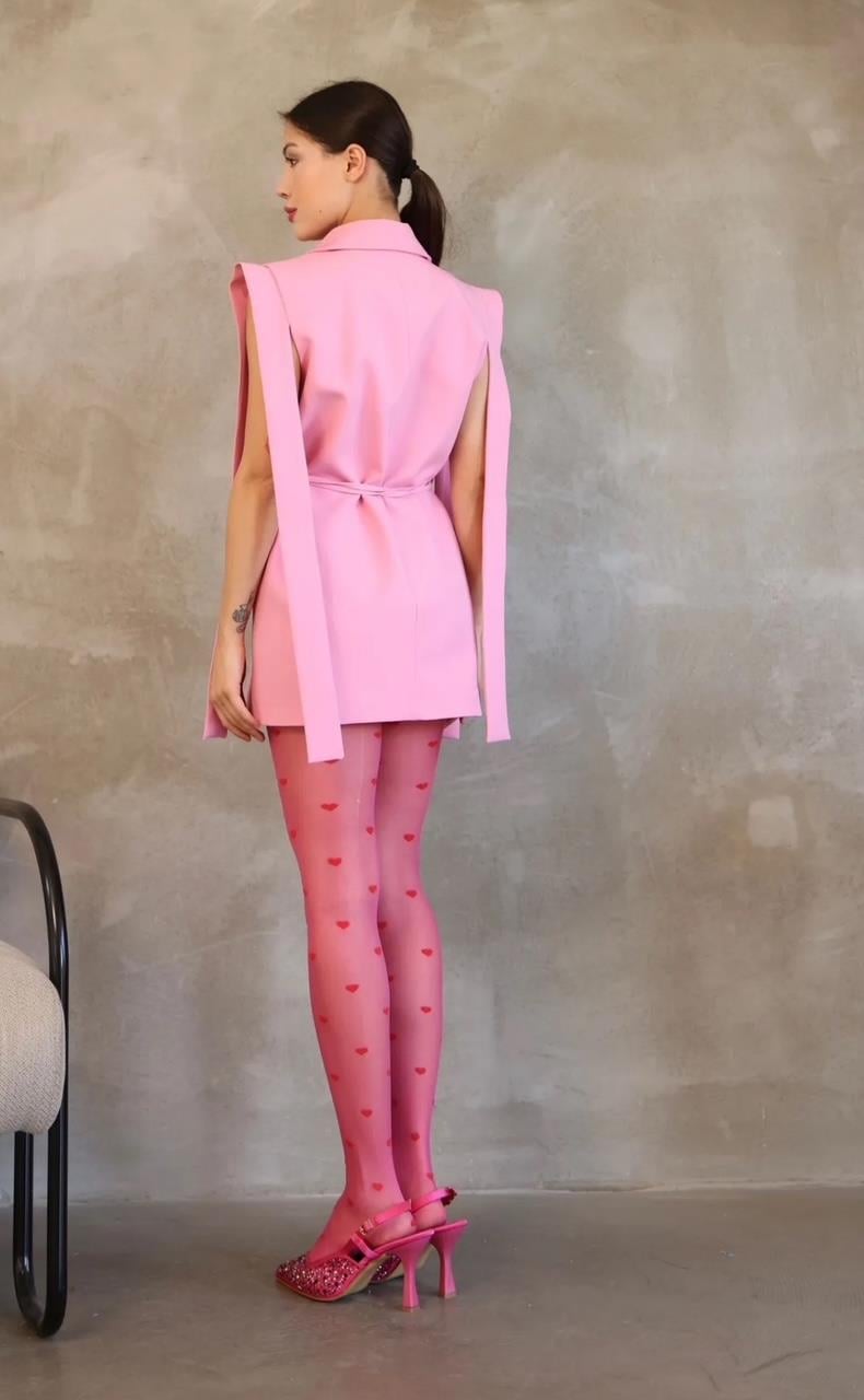 Pembe Bağlamalı Blazer Yelek
