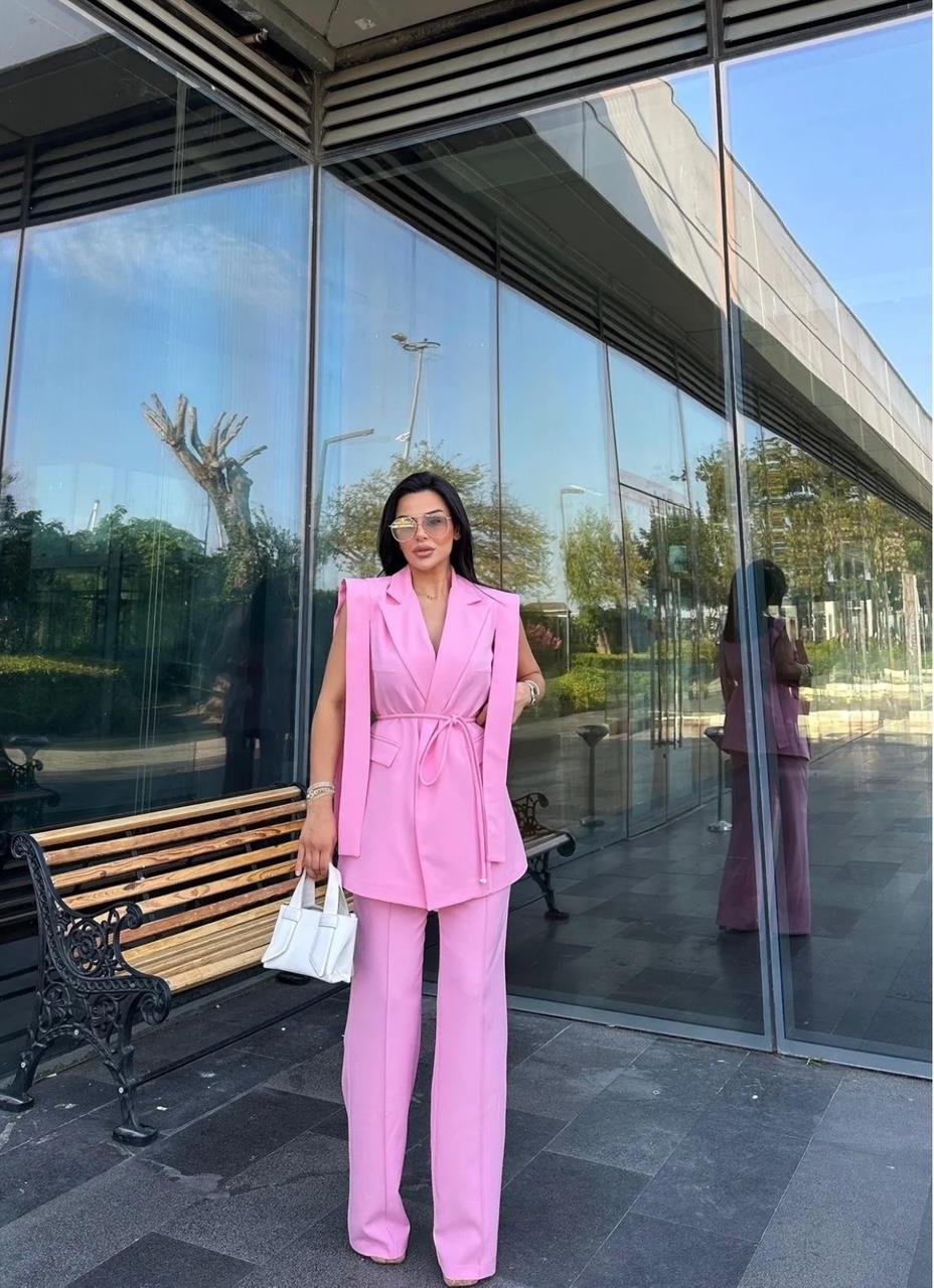 Pembe Bağlamalı Yelek Pantolon Blazer Takım