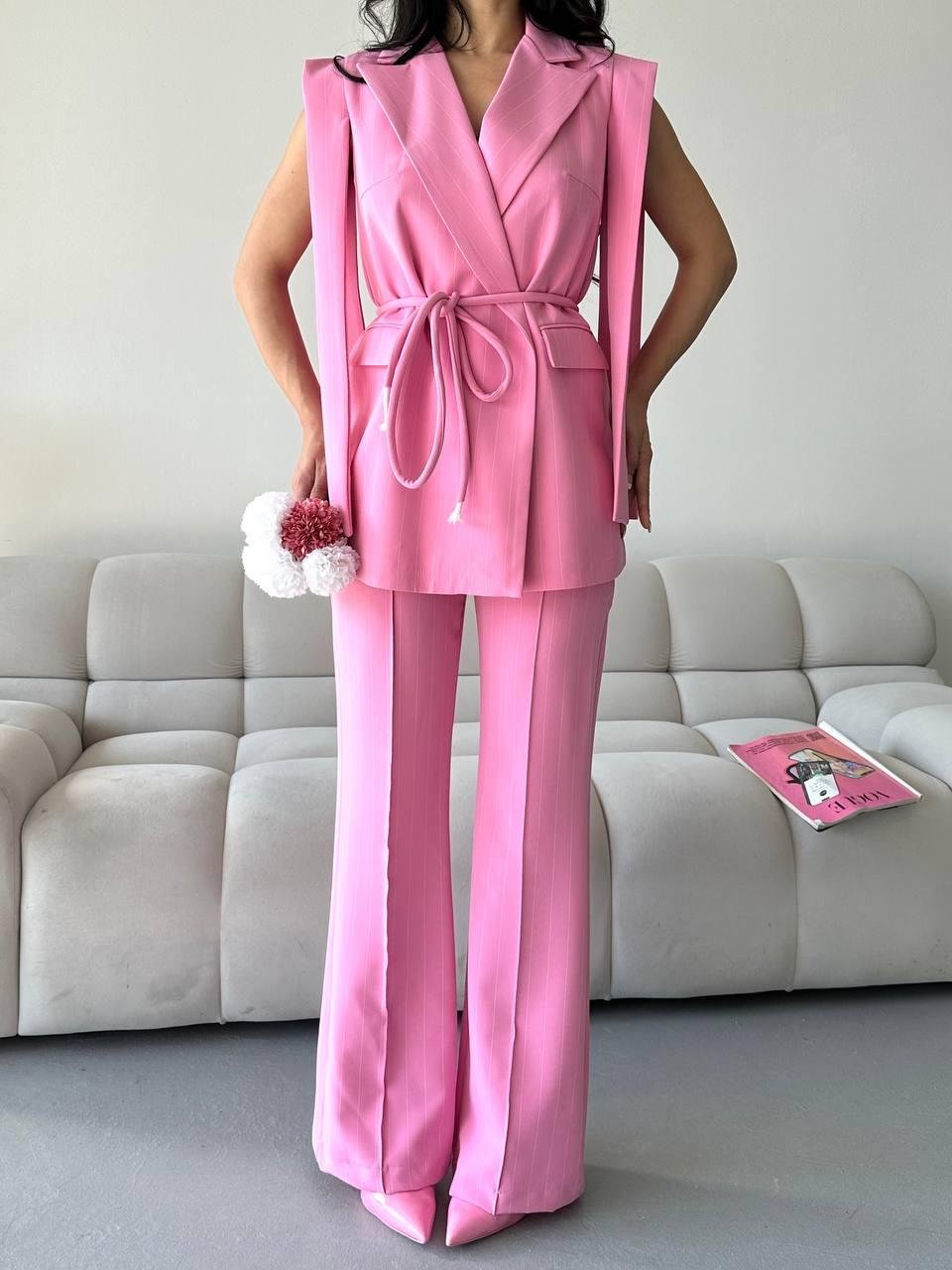 Pembe Bağlamalı Yelek Pantolon Blazer Takım