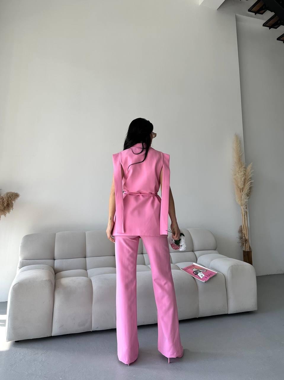 Pembe Bağlamalı Yelek Pantolon Blazer Takım