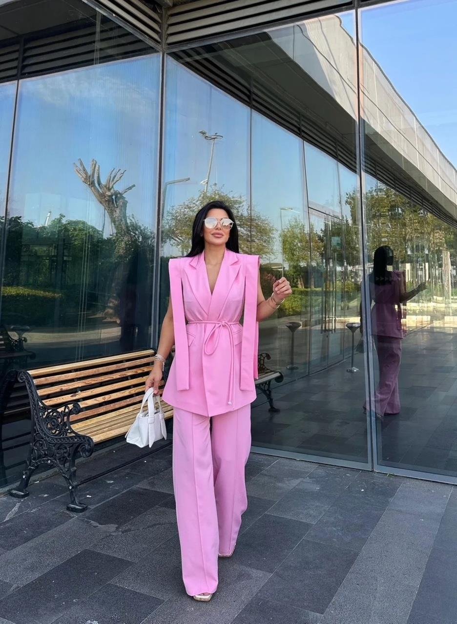 Pembe Bağlamalı Yelek Pantolon Blazer Takım