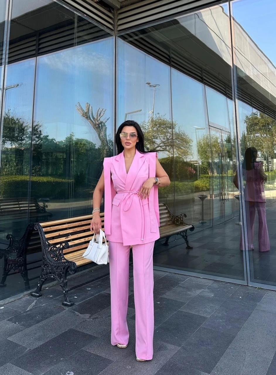 Pembe Bağlamalı Yelek Pantolon Blazer Takım