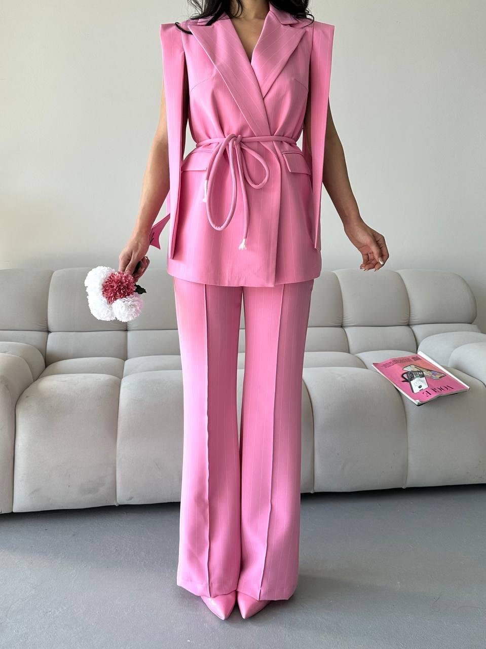 Pembe Bağlamalı Yelek Pantolon Blazer Takım