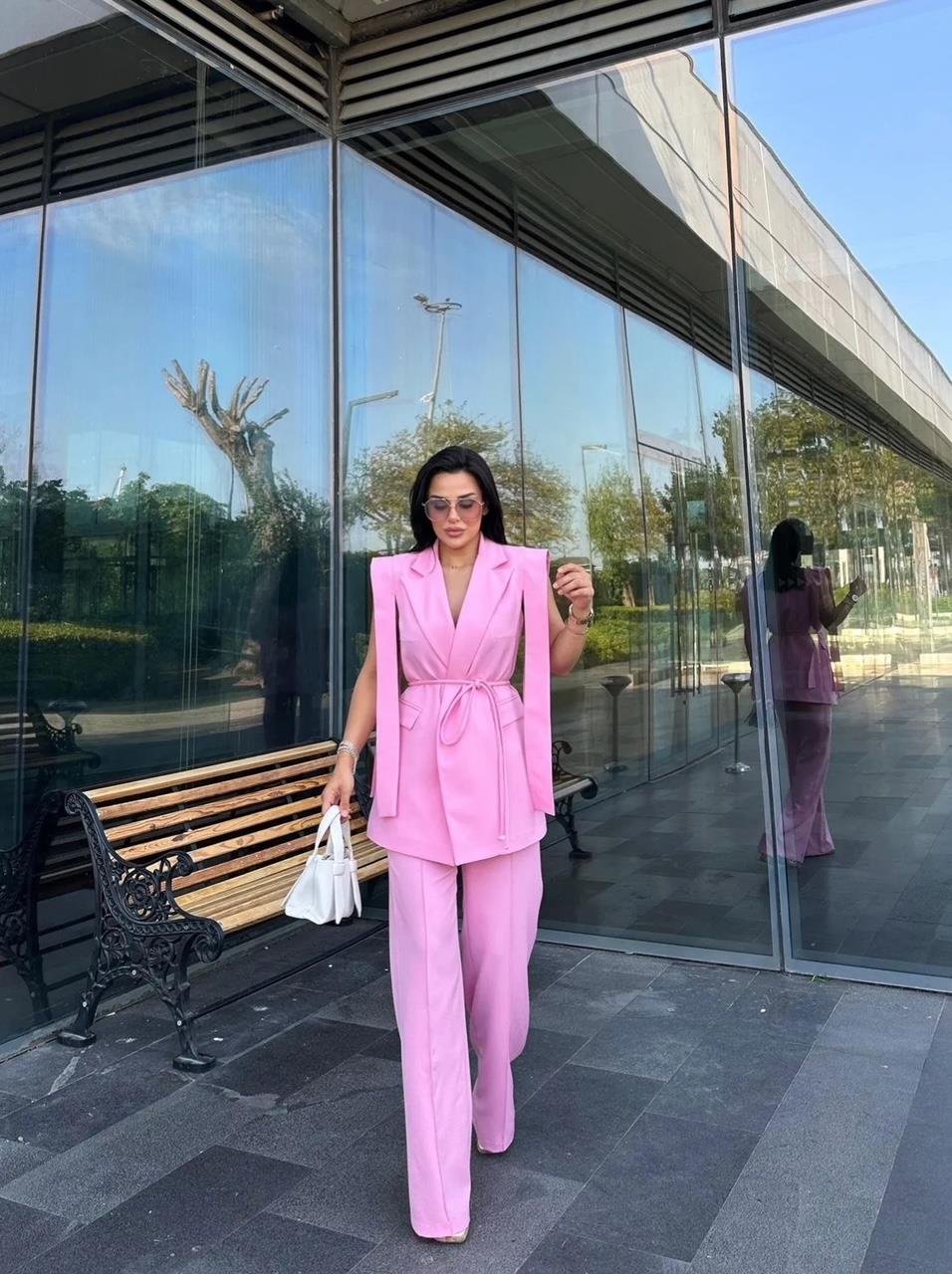 Pembe Bağlamalı Yelek Pantolon Blazer Takım