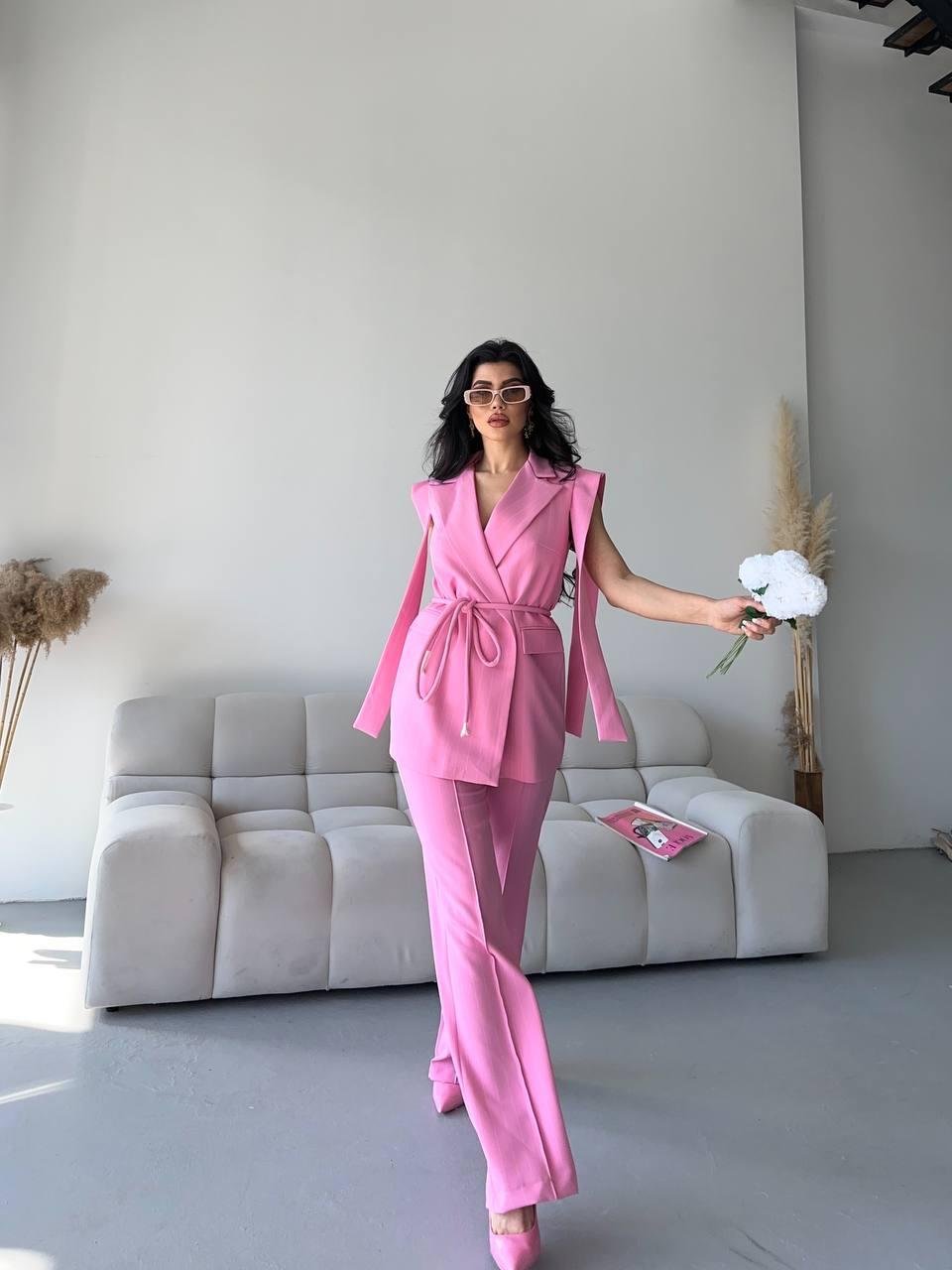Pembe Bağlamalı Yelek Pantolon Blazer Takım
