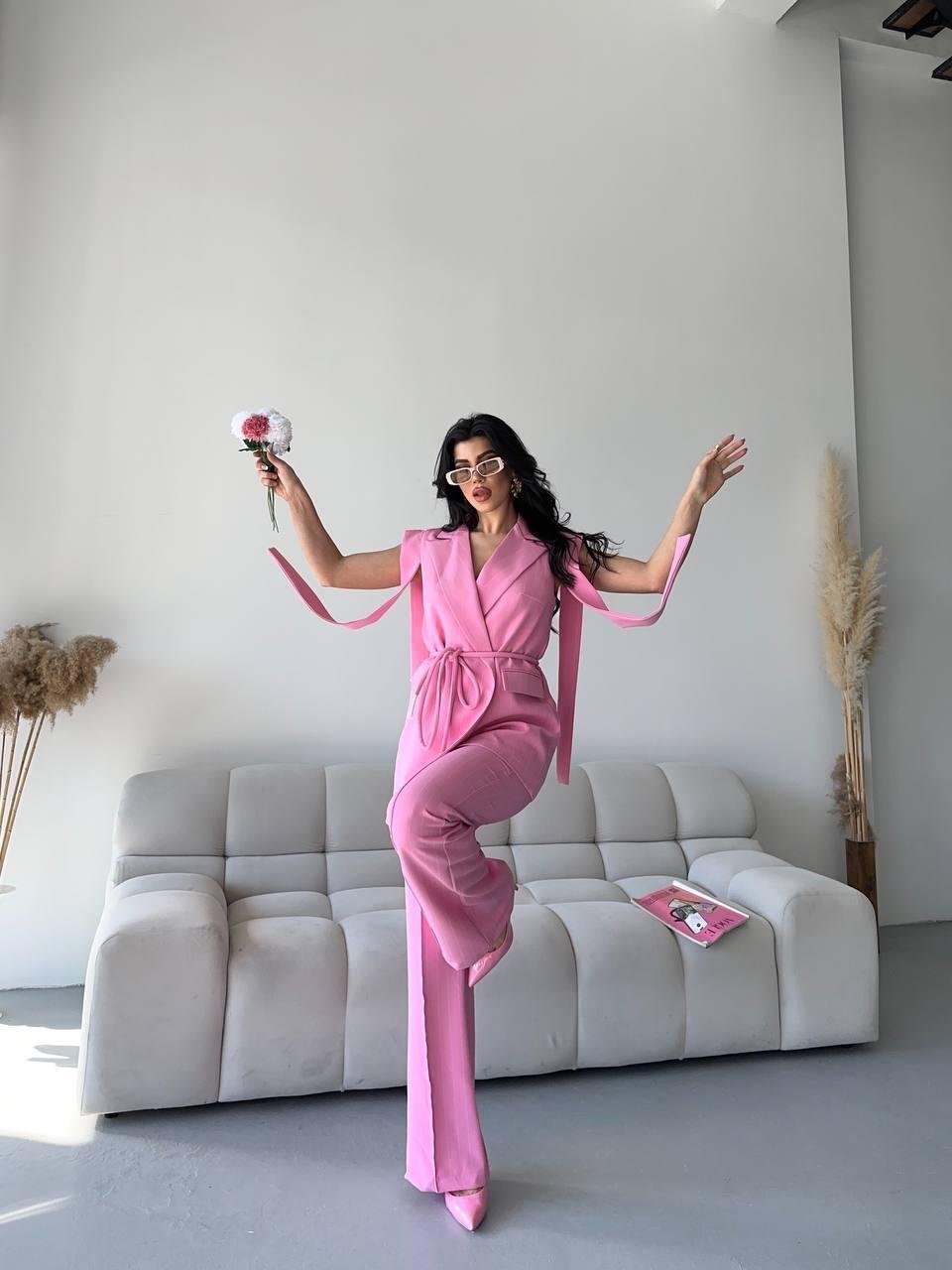Pembe Bağlamalı Yelek Pantolon Blazer Takım