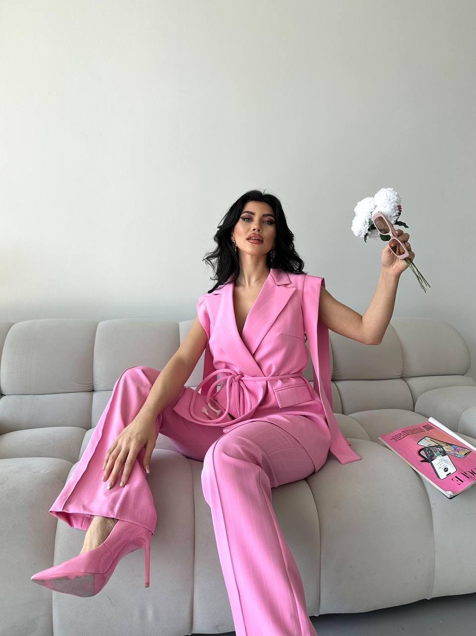Pembe Bağlamalı Yelek Pantolon Blazer Takım
