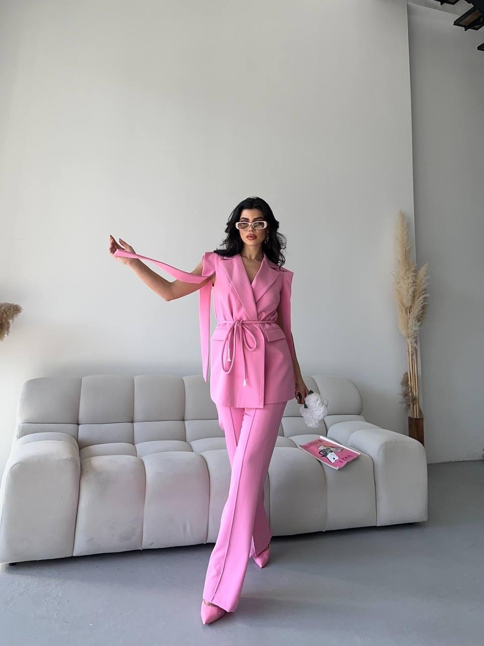 Pembe Bağlamalı Yelek Pantolon Blazer Takım