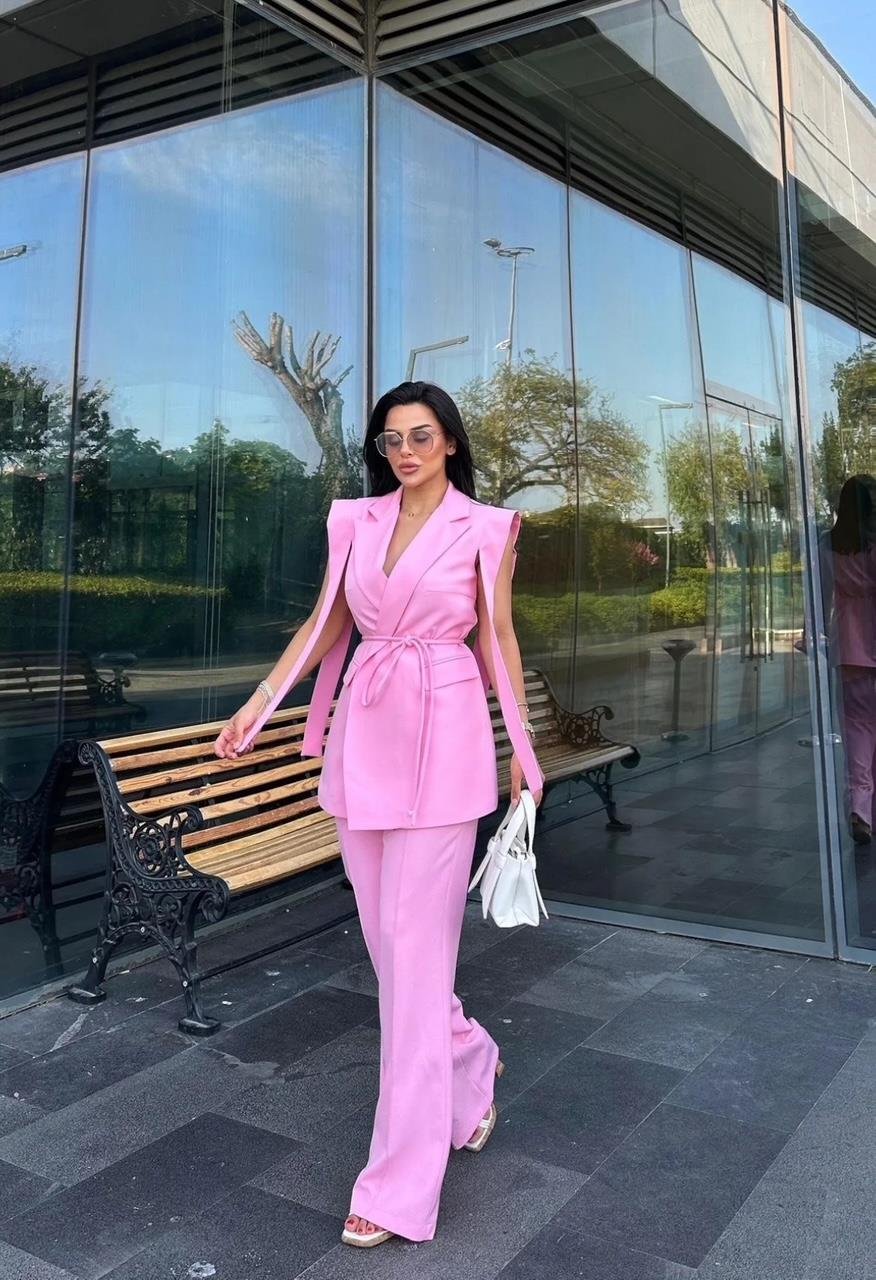 Pembe Bağlamalı Yelek Pantolon Blazer Takım