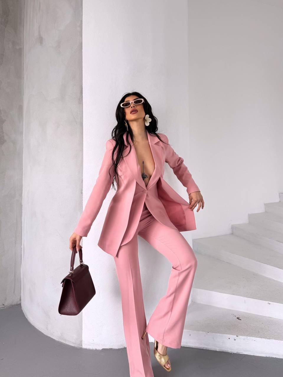 Pembe Çift Kuşak Görünümlü Blazer Takım