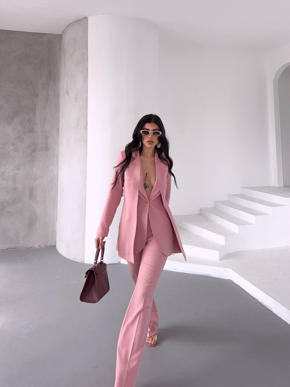 Pembe Çift Kuşak Görünümlü Blazer Takım