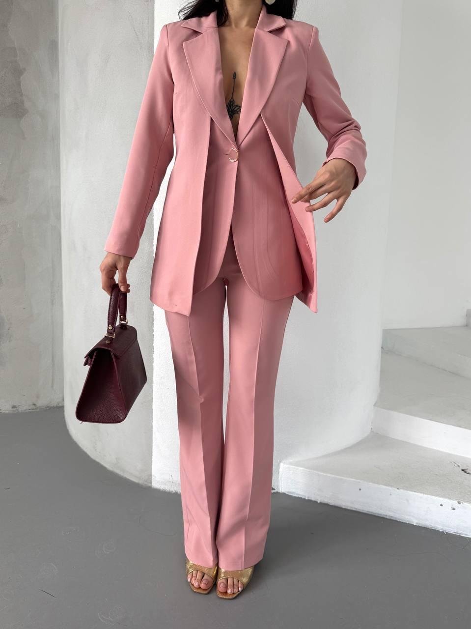 Pembe Çift Kuşak Görünümlü Blazer Takım