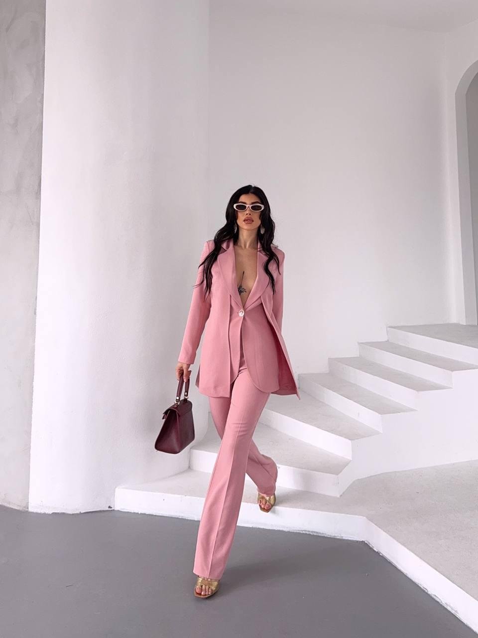 Pembe Çift Kuşak Görünümlü Blazer Takım