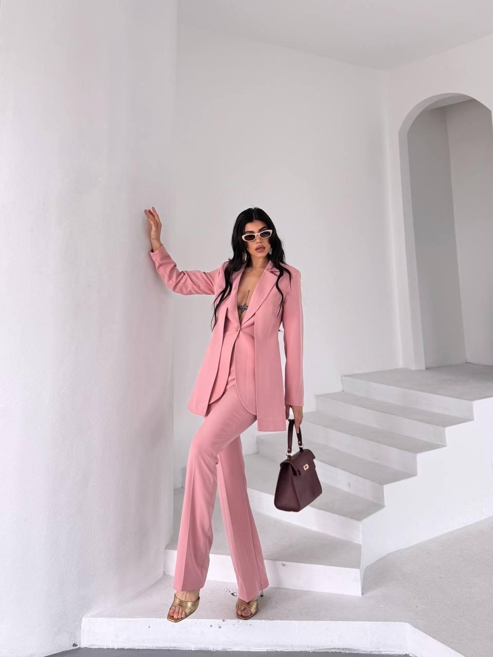 Pembe Çift Kuşak Görünümlü Blazer Takım