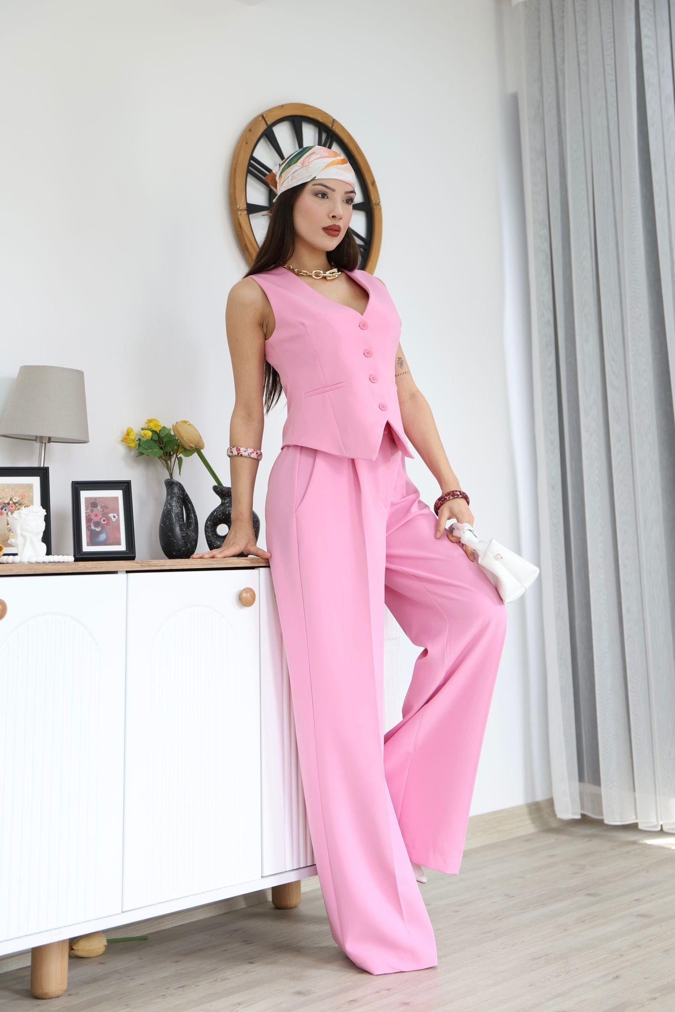 Pembe Düğmeli Yelek Pantolon Blazer Takım